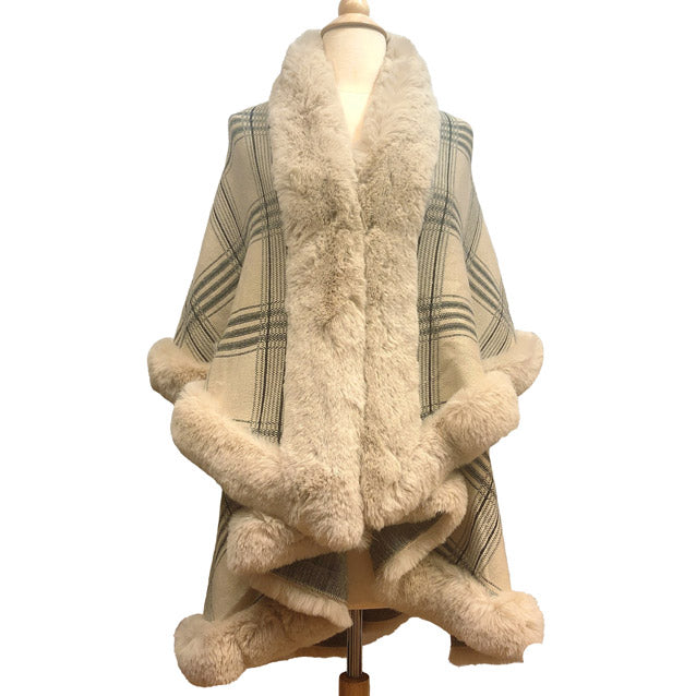 Elegant Faux Fur Trim Plaid Knit Ruana Poncho Cape - Beige - Ruanas