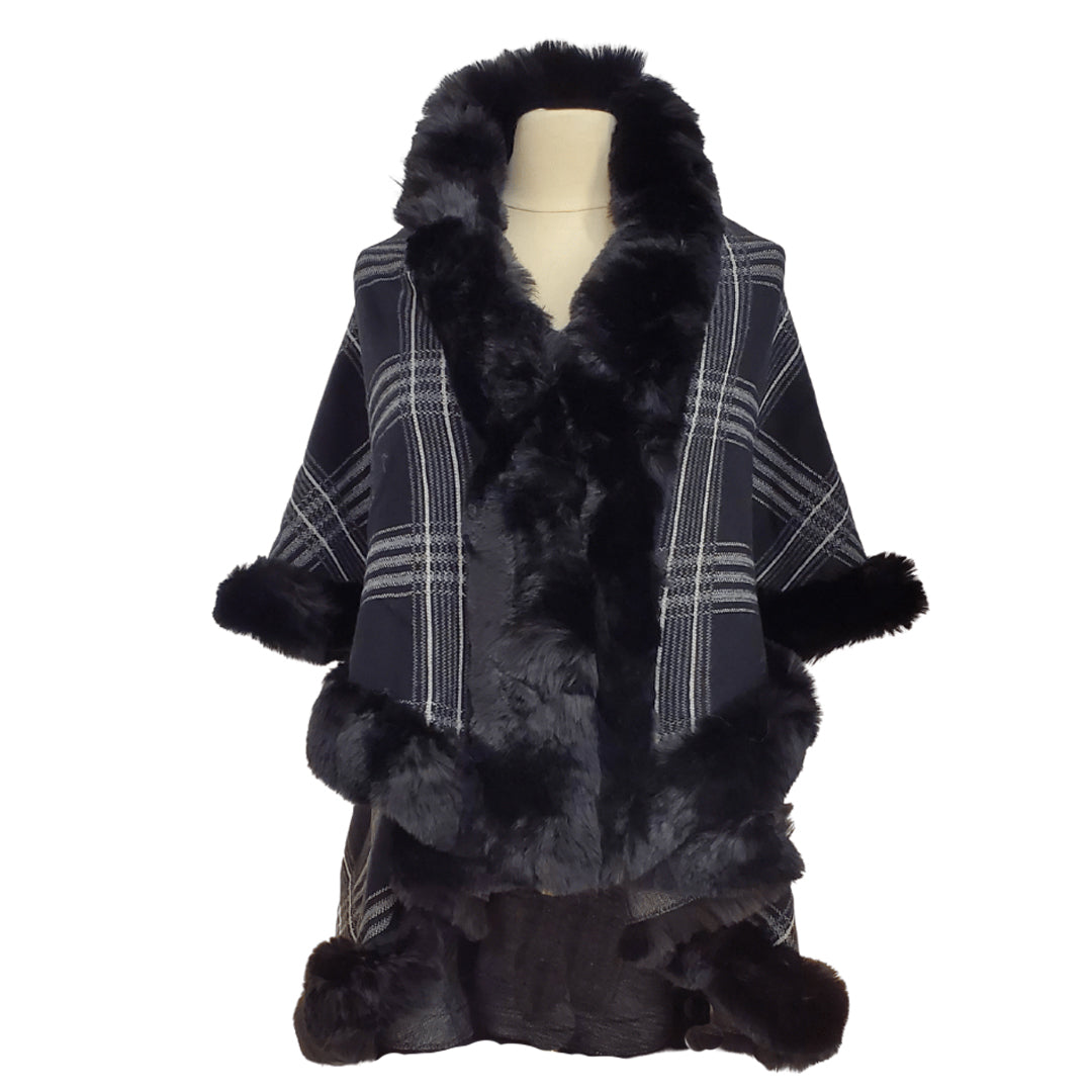 Elegant Faux Fur Trim Plaid Knit Ruana Poncho Cape - Black - Ruanas