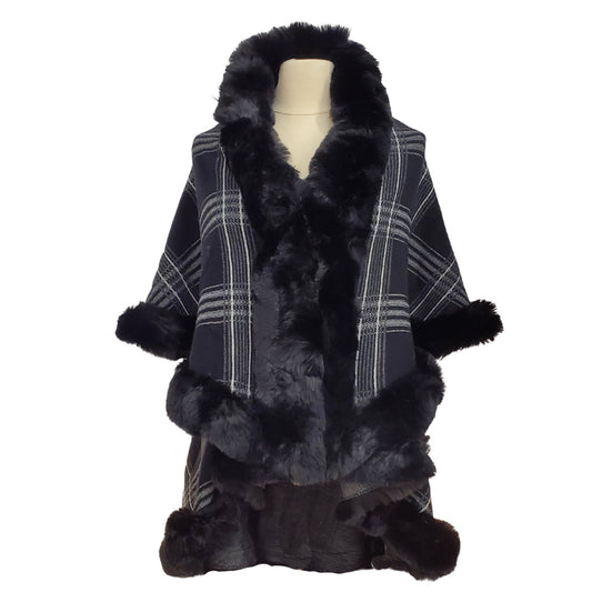Elegant Faux Fur Trim Plaid Knit Ruana Poncho Cape - Black - Ruanas