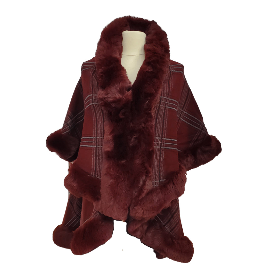 Elegant Faux Fur Trim Plaid Knit Ruana Poncho Cape - Burgundy - Ruanas