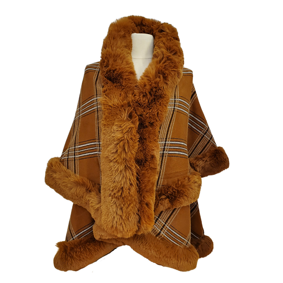 Elegant Faux Fur Trim Plaid Knit Ruana Poncho Cape - Camel - Ruanas