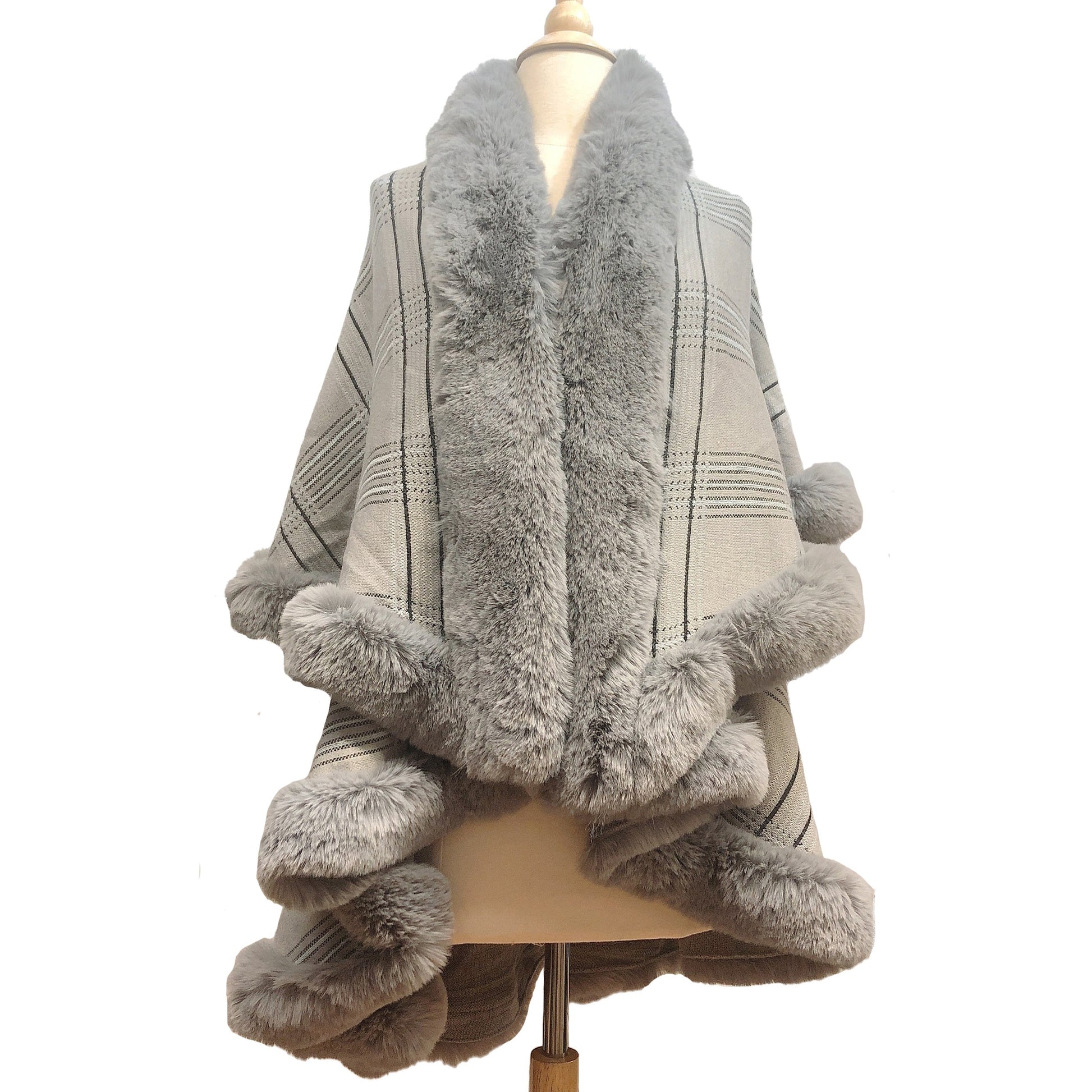 Elegant Faux Fur Trim Plaid Knit Ruana Poncho Cape - Gray - Ruanas