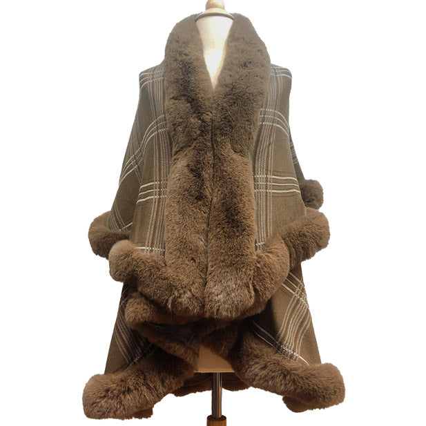Elegant Faux Fur Trim Plaid Knit Ruana Poncho Cape - Khaki - Ruanas