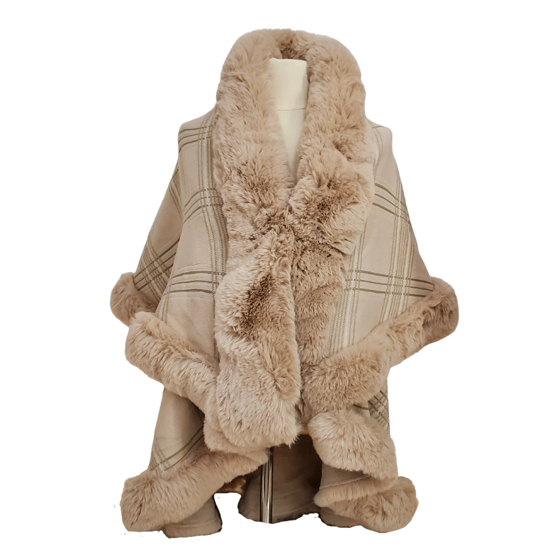 Elegant Faux Fur Trim Plaid Knit Ruana Poncho Cape - Pink - Ruanas