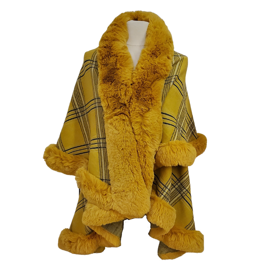 Elegant Faux Fur Trim Plaid Knit Ruana Poncho Cape - Yellow - Ruanas
