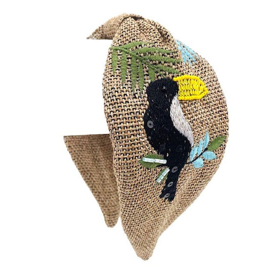 Multicolor Embroidery Leaf Toucan Design Burnout Knot Headband Toucan Hair Band; Push back your hair with this exquisite handcrafted headband, combination materials & knotted Headband will brighten up all your stylish outfits. Perfect Birthday Gift, Mother's Day, Just Because Gift, Thank you Gift, Ideal for Graduation, Easter