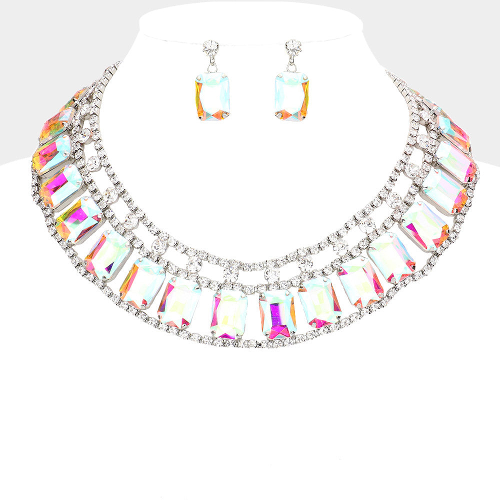 AB, Rhodium Emerald Cut Stone Accented Collar Evening Necklace