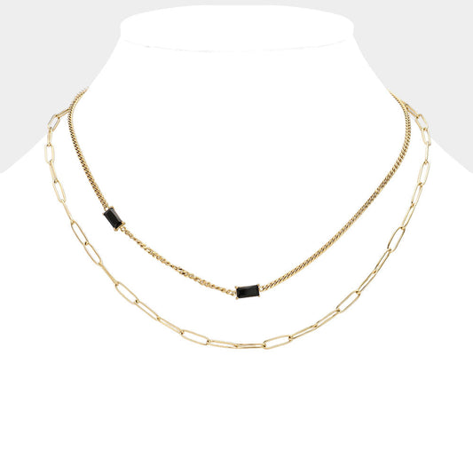 Black, Gold Emerald Cut Stone Cluster Pointed Stainless Steel Paperclip Chain Layered Necklace