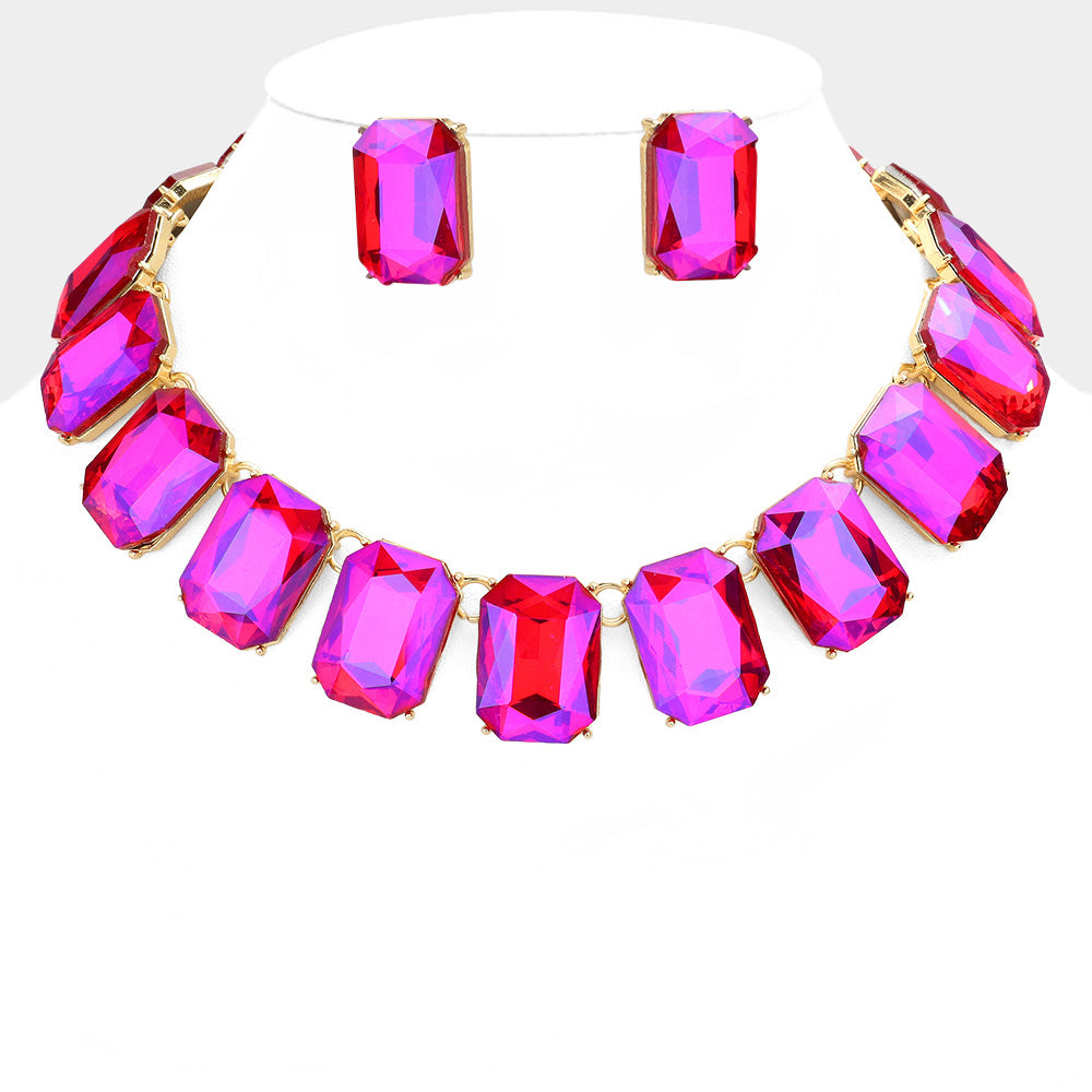 AB, Gold, Purple Emerald Cut Stone Link Evening Necklace