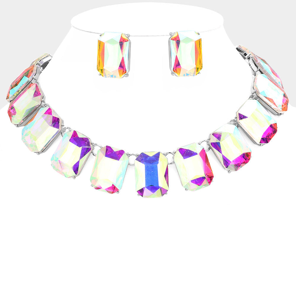 AB, Silver Emerald Cut Stone Link Evening Necklace