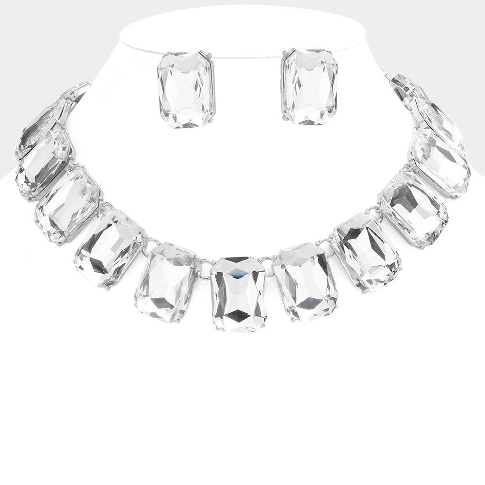 Clear, Silver Emerald Cut Stone Link Evening Necklace