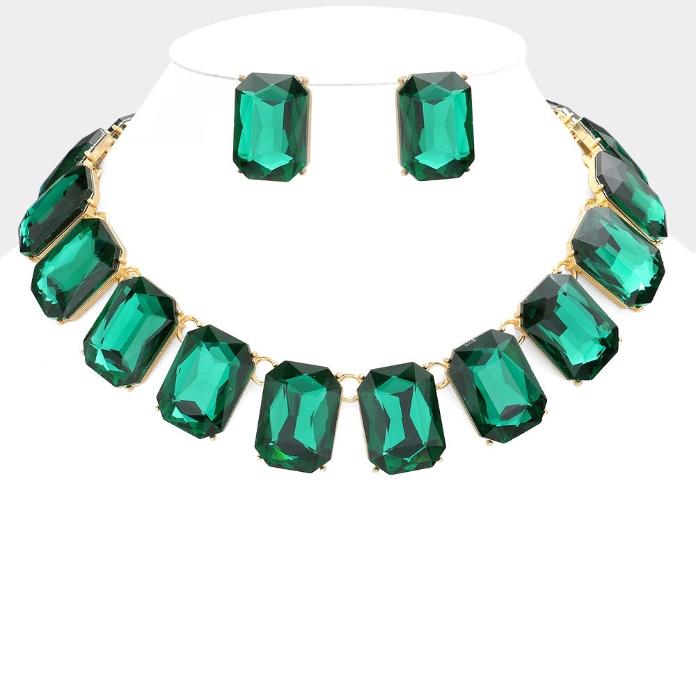 Emerald, Gold Emerald Cut Stone Link Evening Necklace