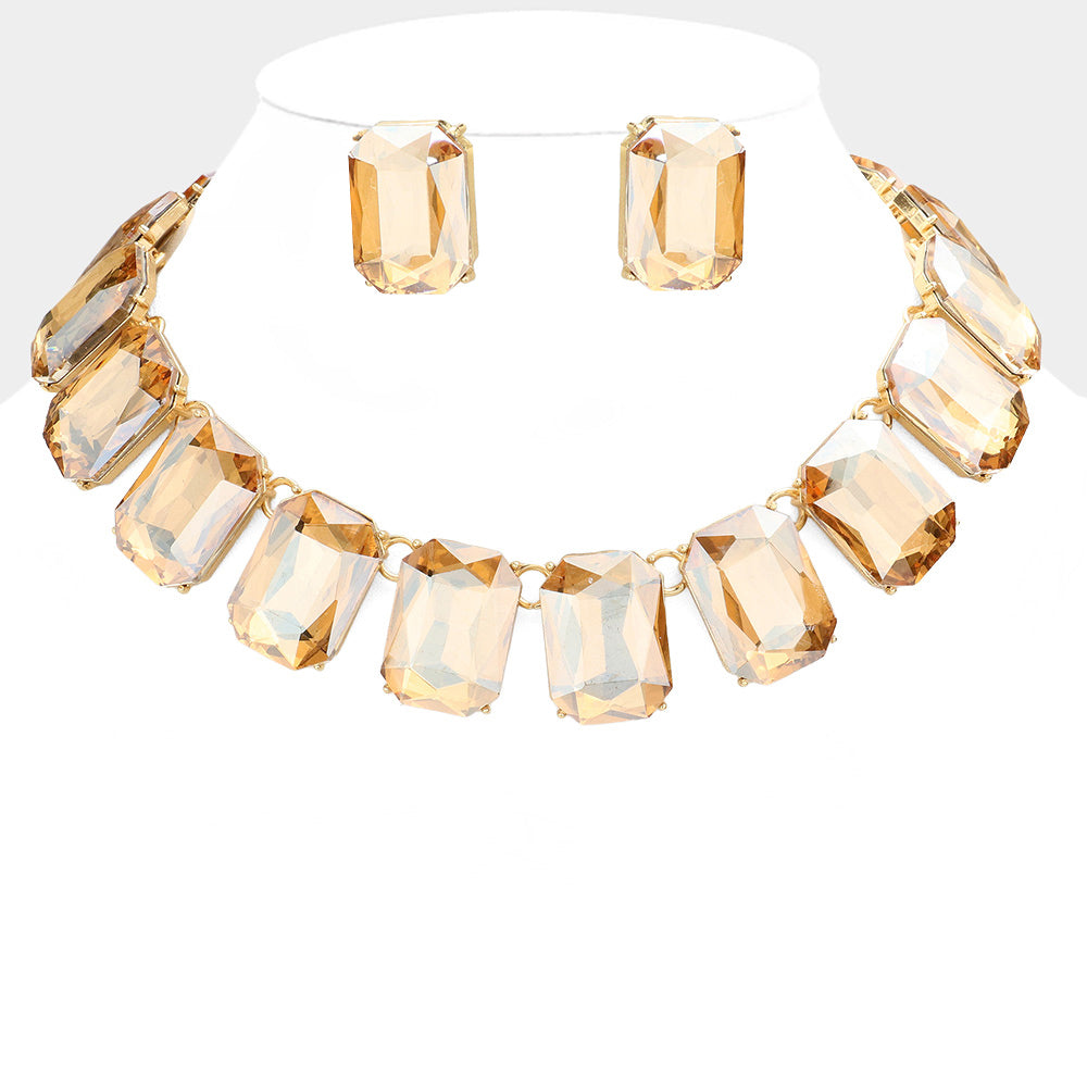 Gold, Lt Col Topaz Emerald Cut Stone Link Evening Necklace