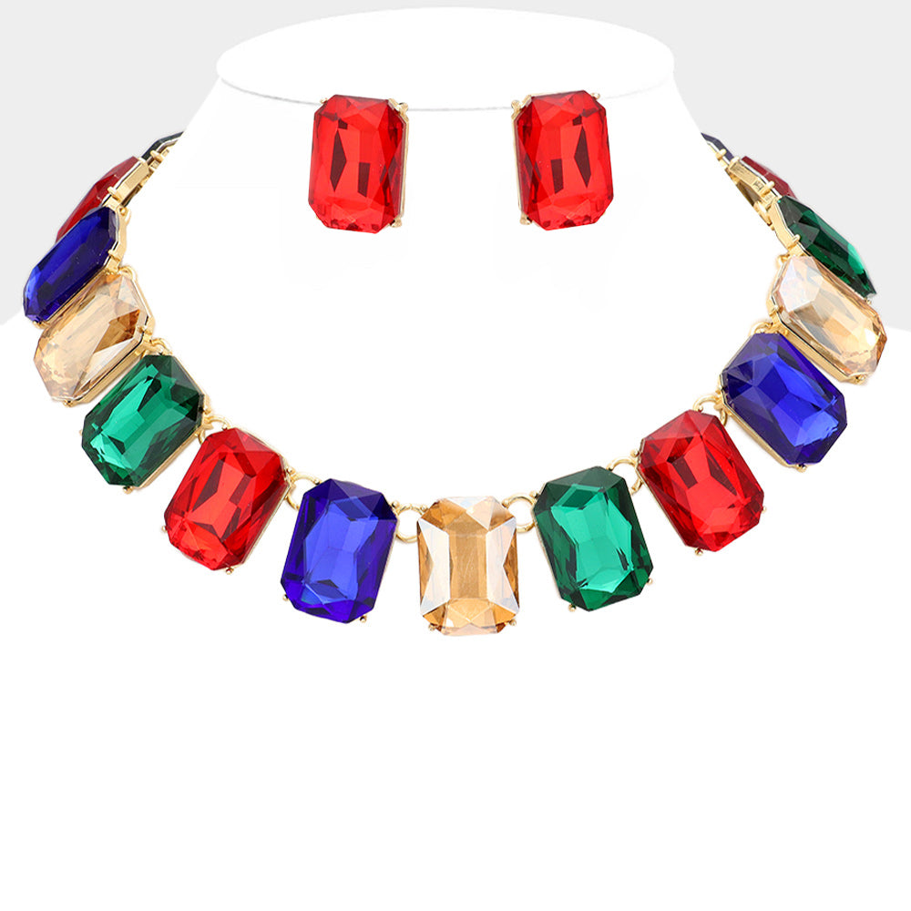 Gold, Multi Emerald Cut Stone Link Evening Necklace