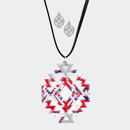 Multi, Silver Burnished Enamel Aztec Pattern Pendant Leather Long Necklace