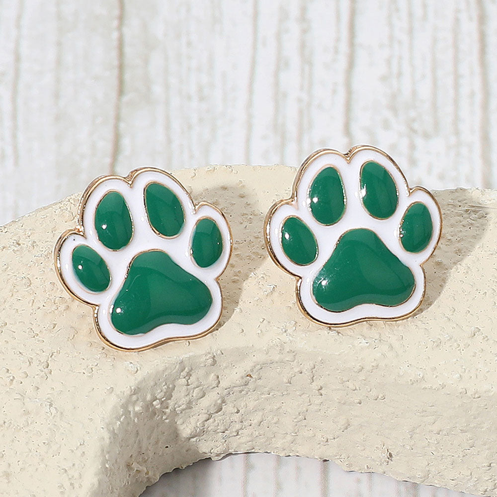 Green, White Enamel Game Day Paw Stud Earrings