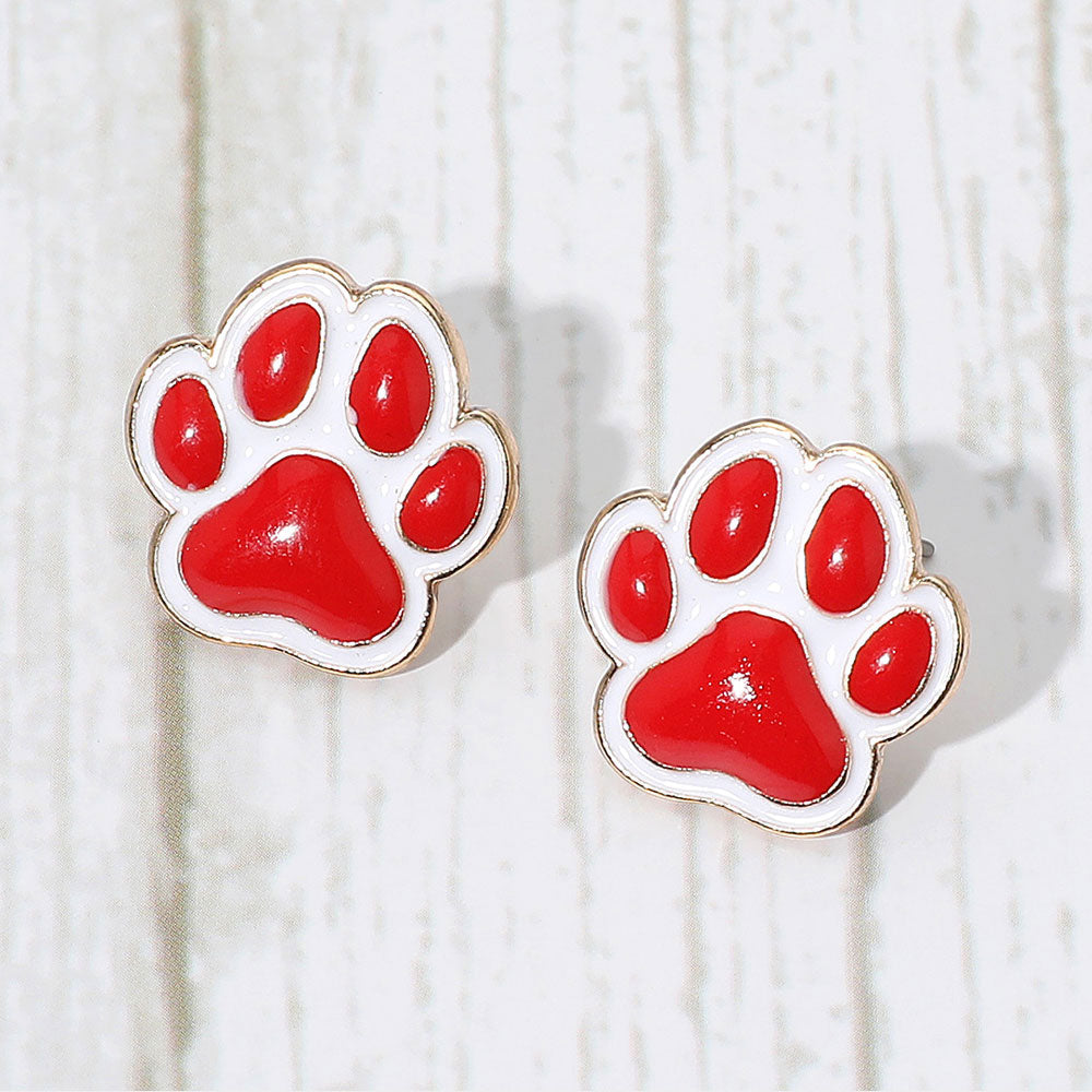 Red, White Enamel Game Day Paw Stud Earrings