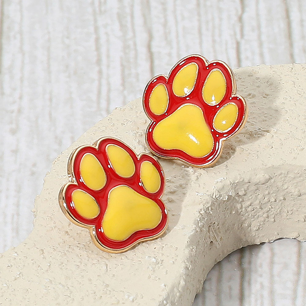 Red, Yellow Enamel Game Day Paw Stud Earrings