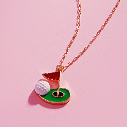 Gold, Green, Red Enamel Golf Ball Hole Flag Pendant Necklace