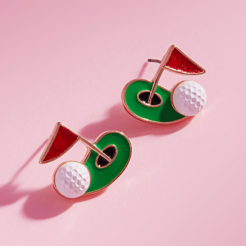 Gold, Green, Red Enamel Golf Ball Hole Flag Stud Earrings
