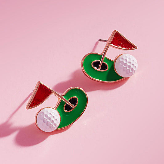 Gold, Green, Red Enamel Golf Ball Hole Flag Stud Earrings