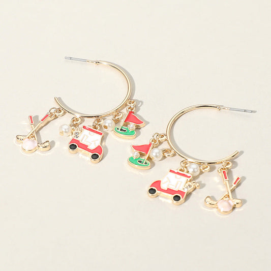 Gold, Red Enamel Golf Pearl Charm Dangle Hoop Earrings