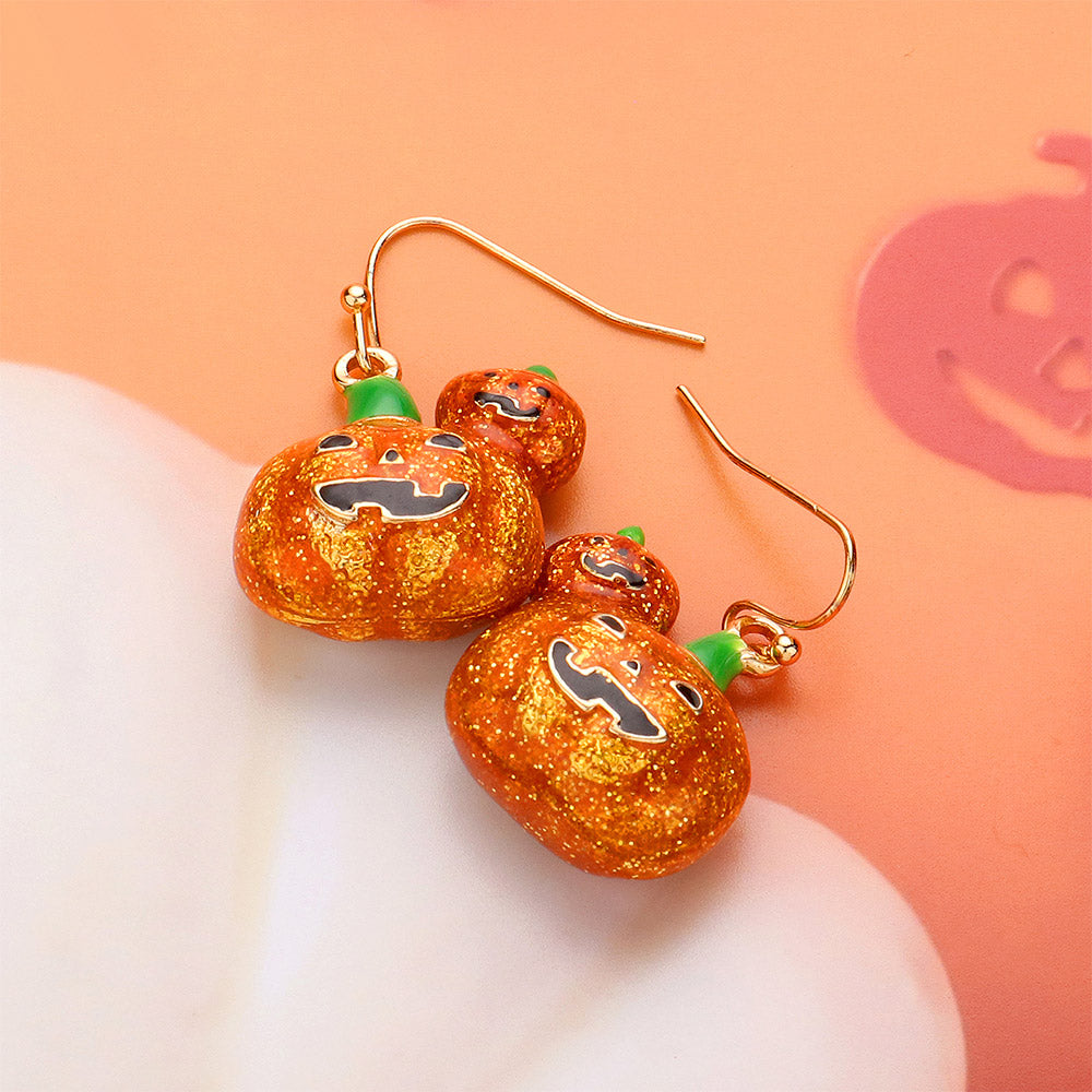 Gold, Multi Enamel Halloween Pumpkin Dangle Earrings