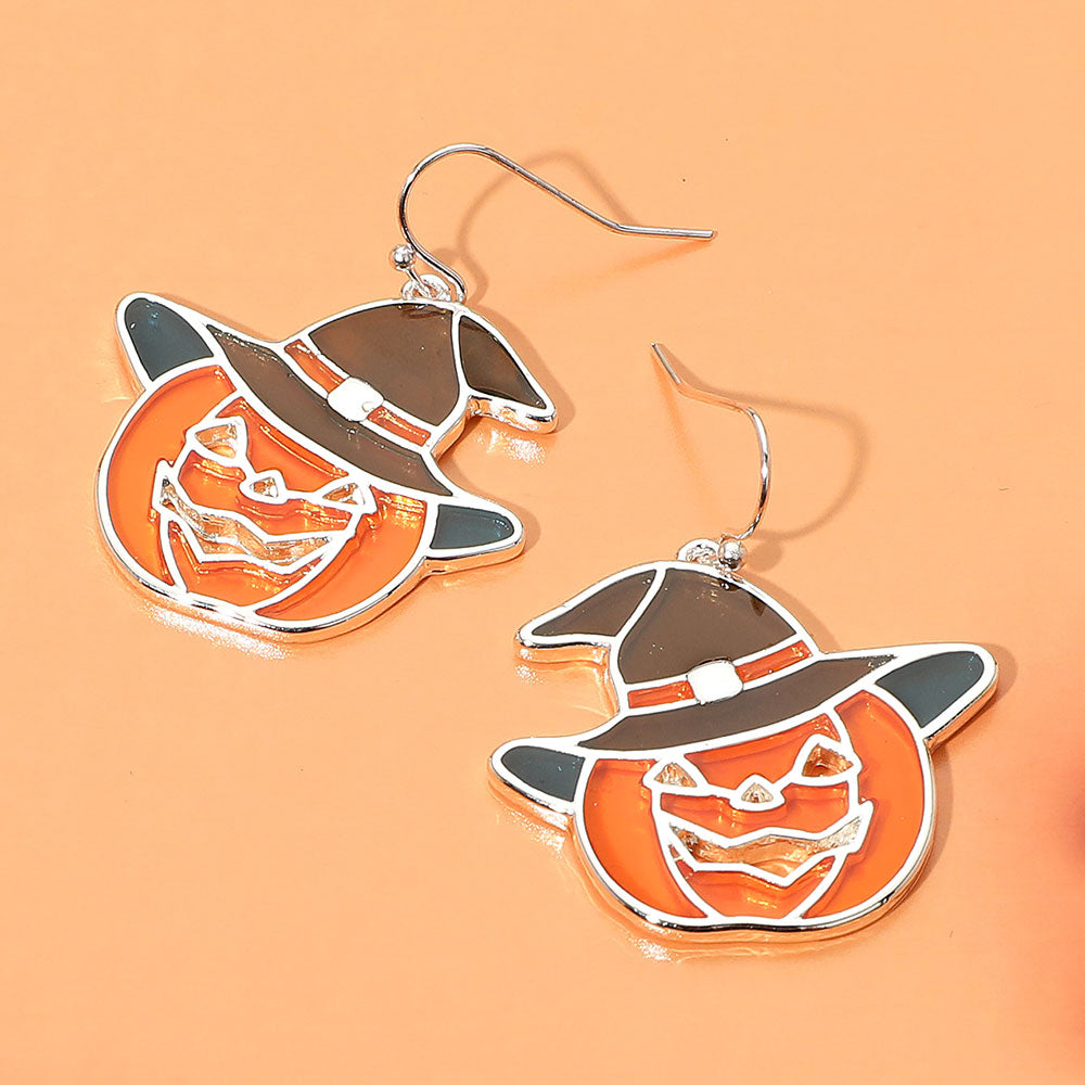 Multi, Silver Enamel Halloween Pumpkin Dangle Earrings