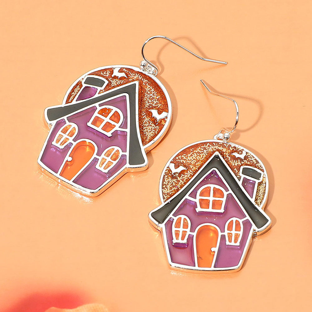 Multi, Silver Enamel Haunted House Dangle Earrings