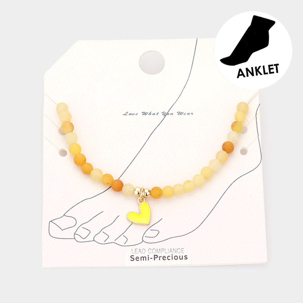 Enamel Heart Charm Semi Precious Stone Anklet - Yellow - Anklets