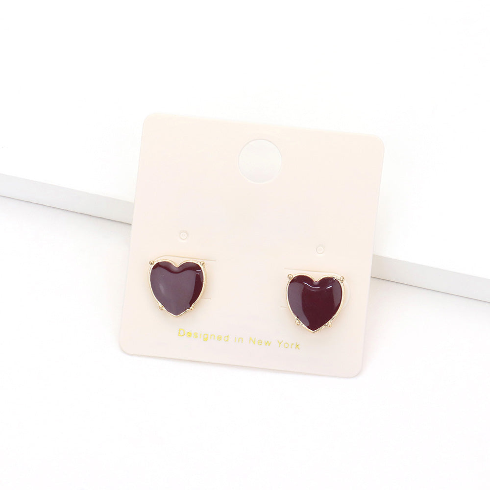 Enamel Heart Stud Earrings - Burgundy - Earrings