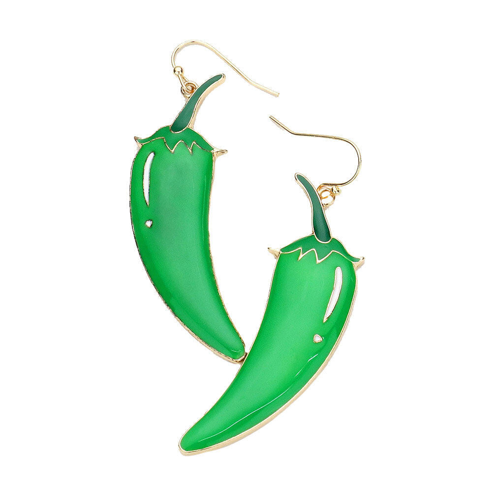Metal Chili Pepper Accented Enamel Detailed Dangle Earrings; a standout addition to your collection and designed to add a pop of color to any outfit style! Perfect Birthday Gift, Anniversary Gift, Mother's Day Gift, Just Because Gift, Vacation, Graduation Gift, Enamel Metal Dangle Earrings