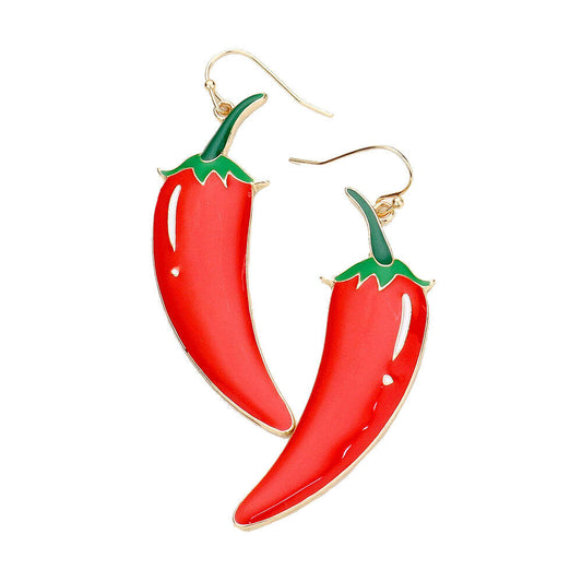 Metal Chili Pepper Accented Enamel Detailed Dangle Earrings; a standout addition to your collection and designed to add a pop of color to any outfit style! Perfect Birthday Gift, Anniversary Gift, Mother's Day Gift, Just Because Gift, Vacation, Graduation Gift, Enamel Metal Dangle Earrings