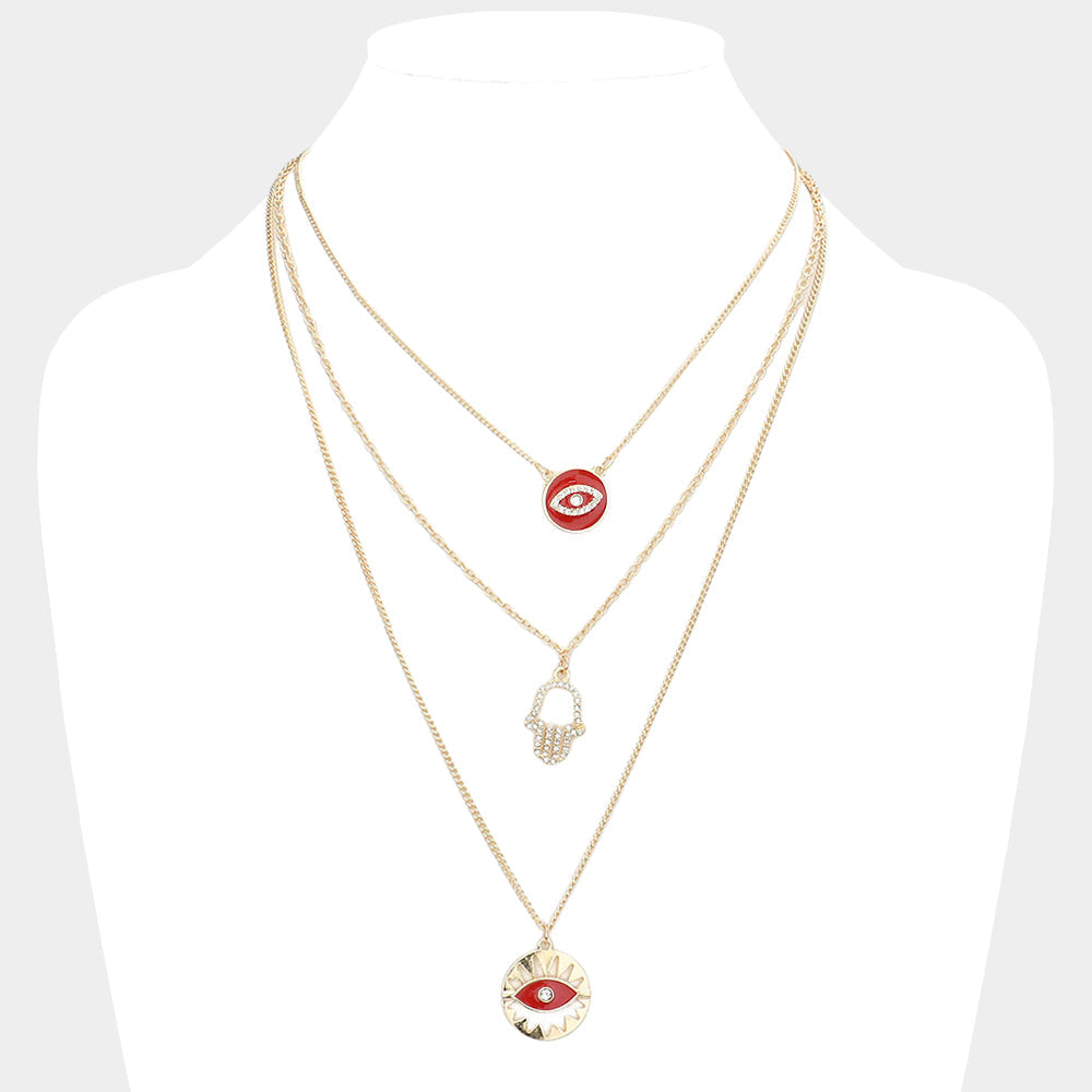 Burgundy Enamel Rhinestone Embellished Evil Eye Hamsa Hand Pendant Triple Layered Necklace