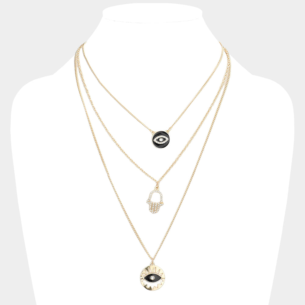 Black Enamel Rhinestone Embellished Evil Eye Hamsa Hand Pendant Triple Layered Necklace