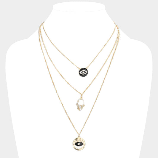 Black Enamel Rhinestone Embellished Evil Eye Hamsa Hand Pendant Triple Layered Necklace