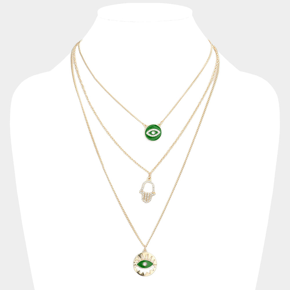 Green Enamel Rhinestone Embellished Evil Eye Hamsa Hand Pendant Triple Layered Necklace