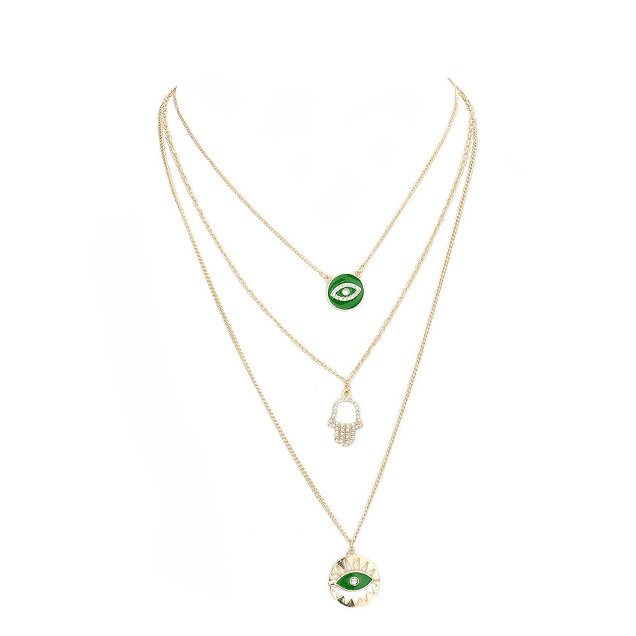 Green Enamel Rhinestone Embellished Evil Eye Hand Pendant Triple Layered Necklace, Get ready with these Pendant Triple Layered Necklace, put on a pop of color to complete your ensemble. Perfect for adding just the right amount of shimmer & shine  Perfect Birthday Gift, Anniversary Gift, Mother's Day Gift, Graduation Gift.