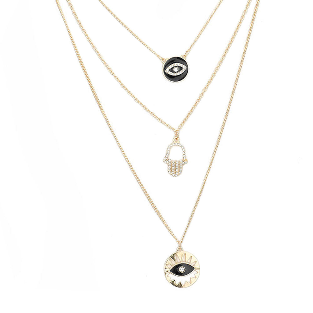 Black Enamel Rhinestone Embellished Evil Eye Hand Pendant Triple Layered Necklace, Get ready with these Pendant Triple Layered Necklace, put on a pop of color to complete your ensemble. Perfect for adding just the right amount of shimmer & shine  Perfect Birthday Gift, Anniversary Gift, Mother's Day Gift, Graduation Gift.