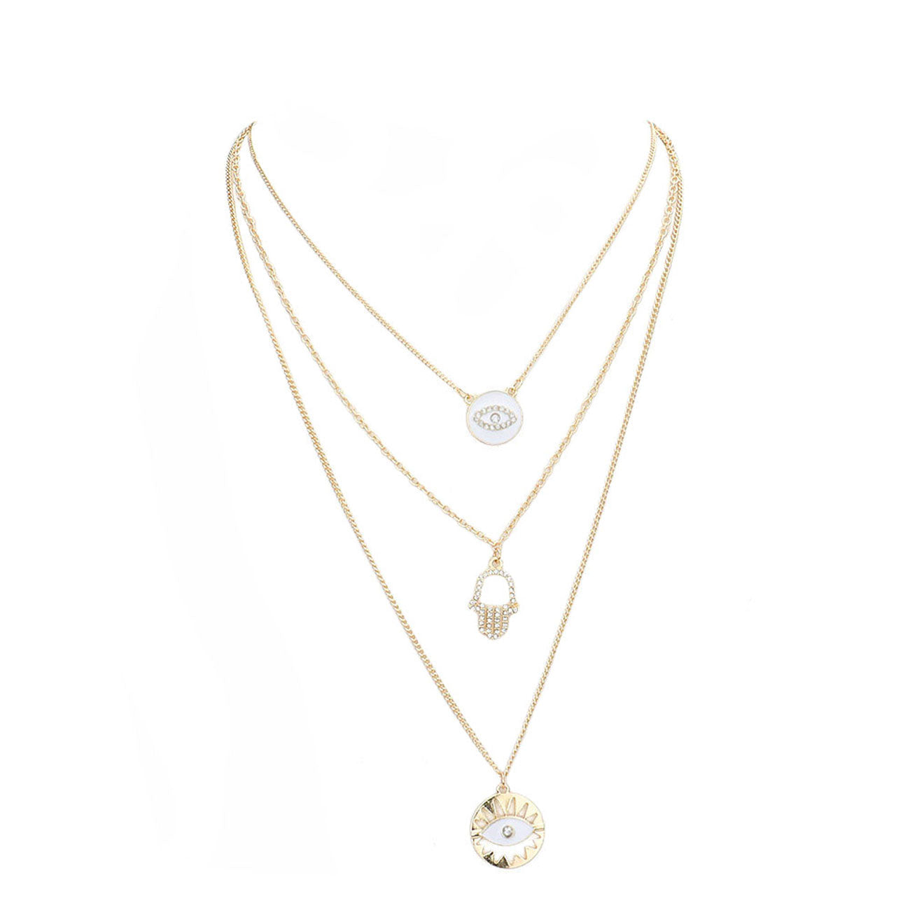 Enamel Rhinestone Evil Eye Hamsa Charm Triple Layer Necklace - White - Necklaces