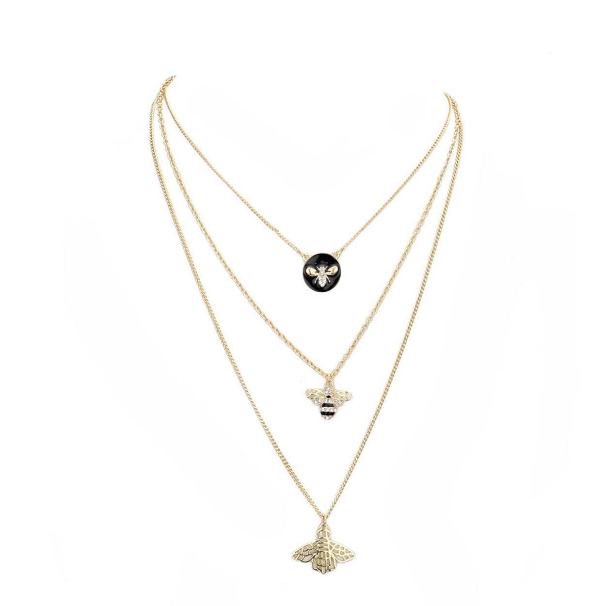 Black Enamel Rhinestone Embellished Honey Bee Pendant Triple Layered Necklace, Get ready with these Pendant Triple Layered Necklace, put on a pop of color to complete your ensemble. Perfect for adding just the right amount of shimmer & shine. Perfect Birthday Gift, Anniversary Gift, Mother's Day Gift, Graduation Gift.