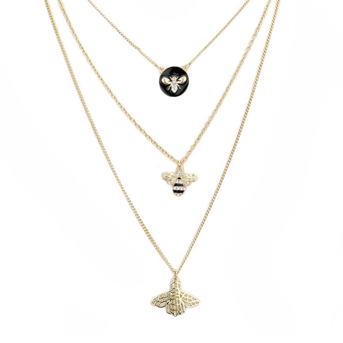 Black Enamel Rhinestone Embellished Honey Bee Pendant Triple Layered Necklace, Get ready with these Pendant Triple Layered Necklace, put on a pop of color to complete your ensemble. Perfect for adding just the right amount of shimmer & shine. Perfect Birthday Gift, Anniversary Gift, Mother's Day Gift, Graduation Gift.
