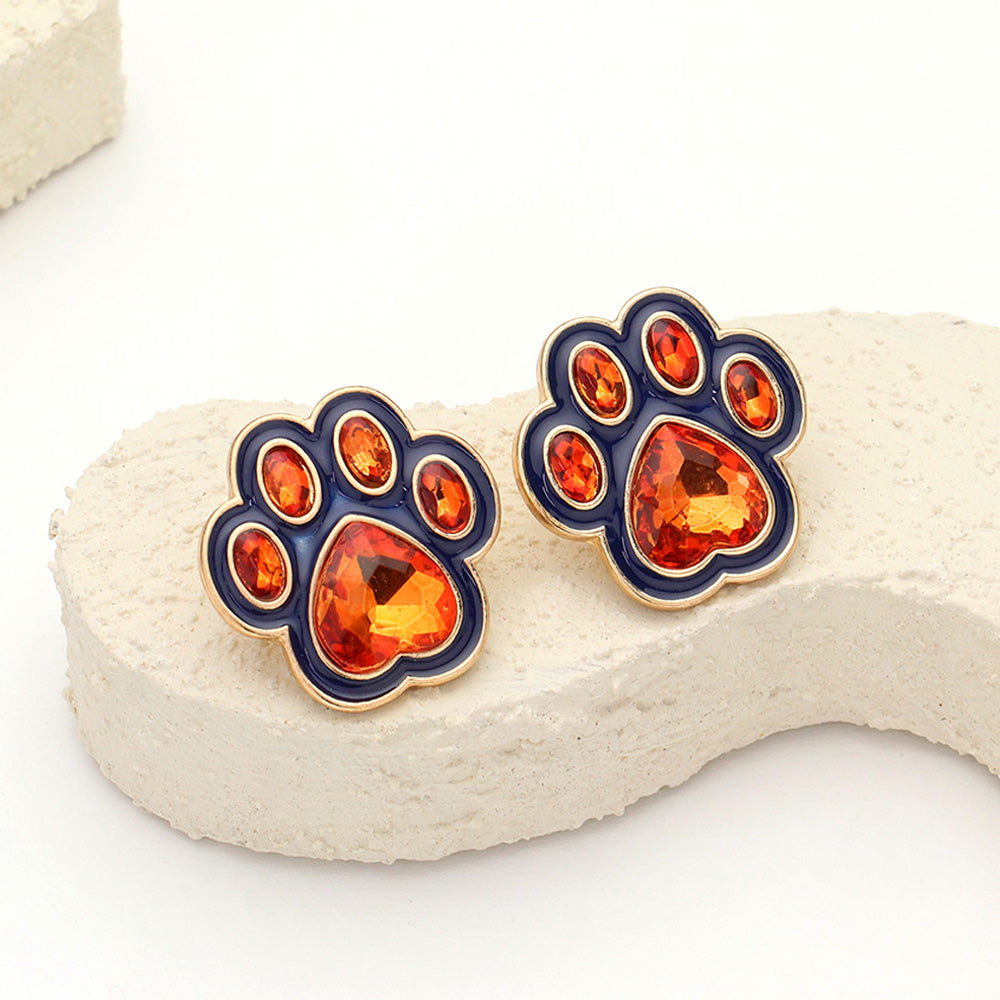 Navy, Orange Enamel Stone Game Day Paw Stud Earrings