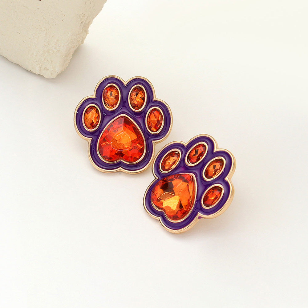 Orange, Purple Enamel Stone Game Day Paw Stud Earrings