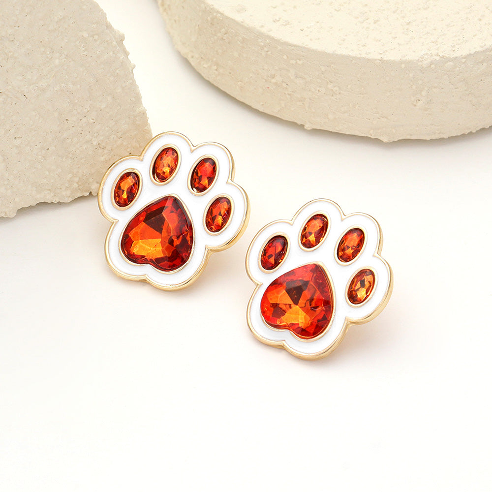 Orange, White Enamel Stone Game Day Paw Stud Earrings