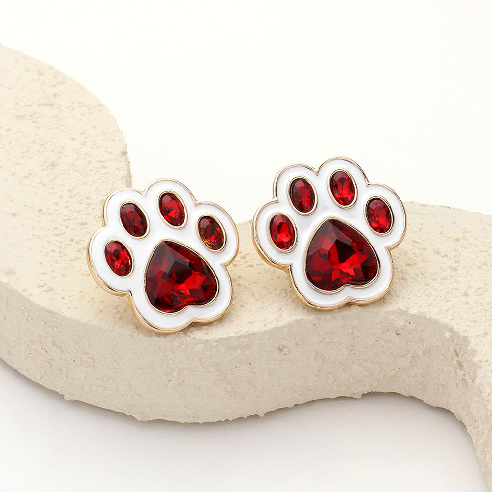 Red, White Enamel Stone Game Day Paw Stud Earrings