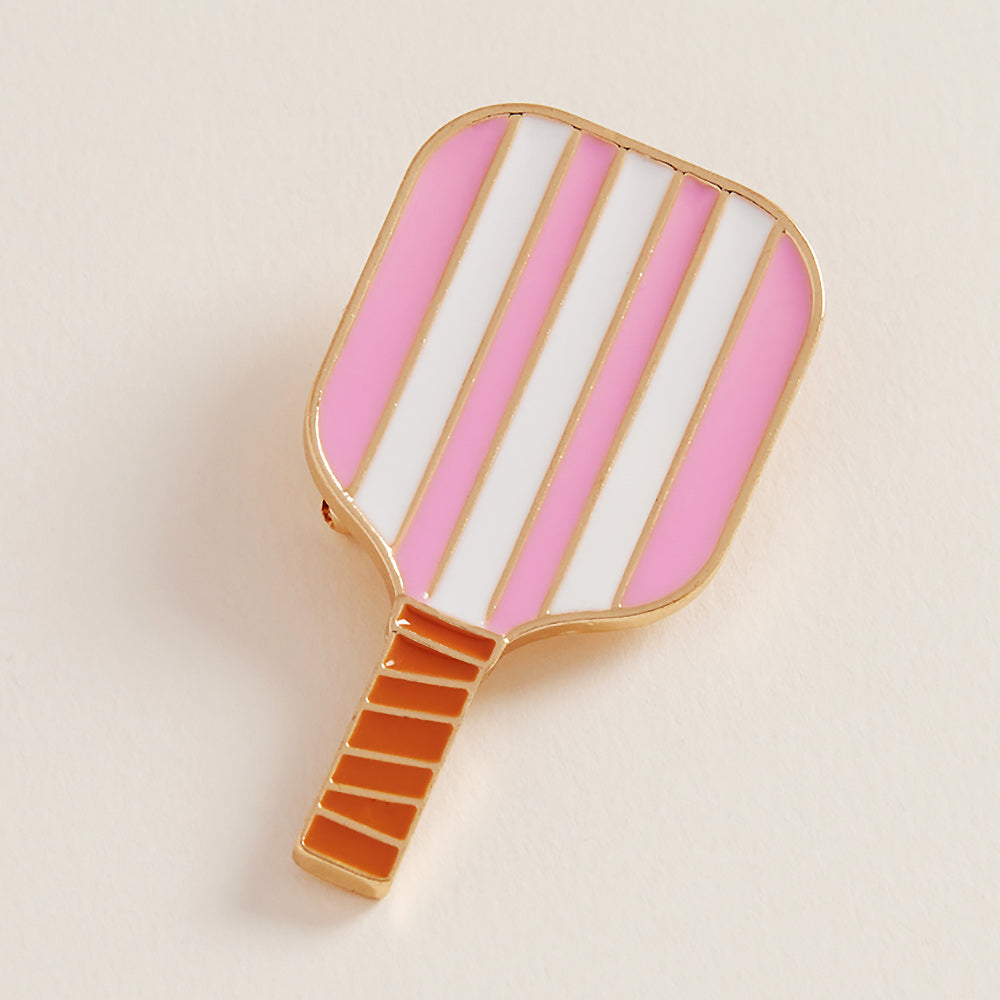 Pink Enamel Striped Pickleball Paddle Pin Brooch