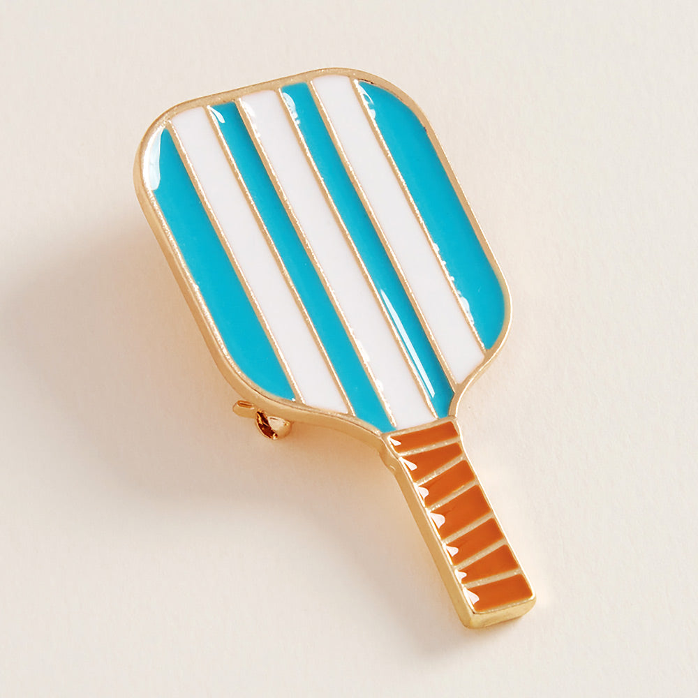 Turquoise Enamel Striped Pickleball Paddle Pin Brooch