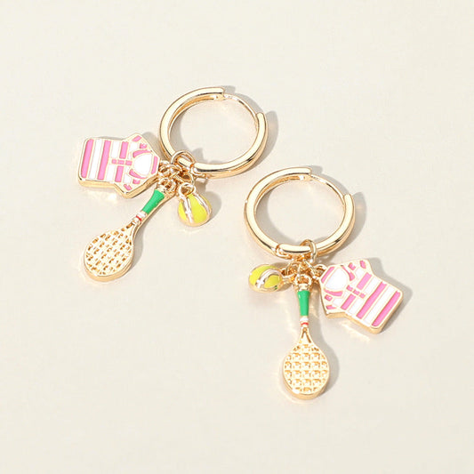 Gold, Pink Enamel Tennis Charm Dangle Huggie Hoop Earrings