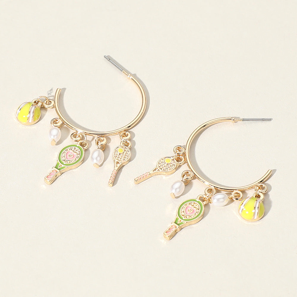 Gold, Green Enamel Tennis Pearl Charm Hoop Earrings